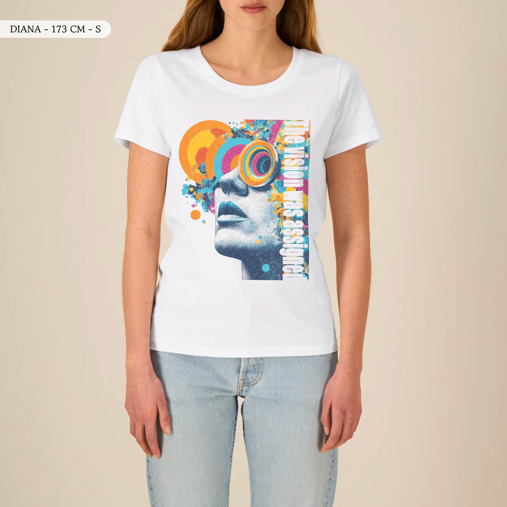 TOLS The Old Ways theme women's fitted organic cotton T-shirt in White, female front - Assigned Vision